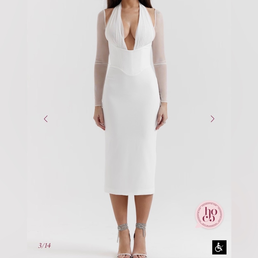 White Fitted Midi Dress with Sheer Long Sleeves